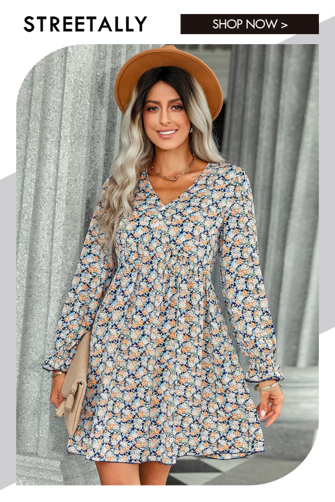 Floral Fashion Loose V Neck Wrap Sleeves Mid Waist Casual Dresses