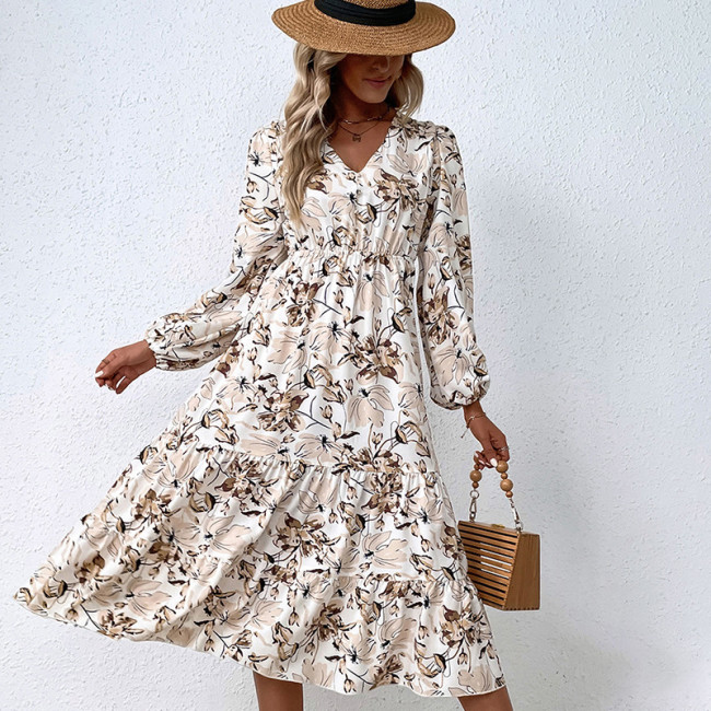 V-Neck Puff Sleeves Printed Long Sleeves Midi Dresses