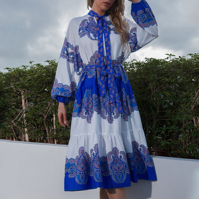 Colorblock High Waist Bow Tie Puff Long Sleeve Print Midi Dresses