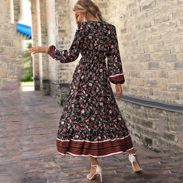 V-Neck Puff Sleeve Boho Print Long Sleeve Slit Maxi Dresses