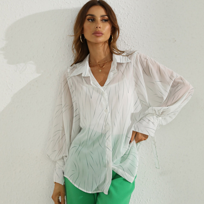 Lapel White Top Single Breasted Print Long Sleeve Blouses & Shirts