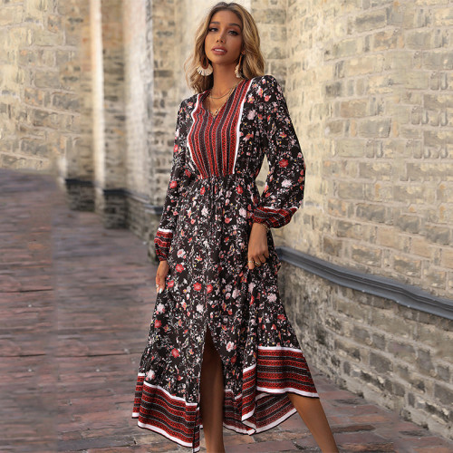 V-Neck Puff Sleeve Boho Print Long Sleeve Slit Maxi Dresses