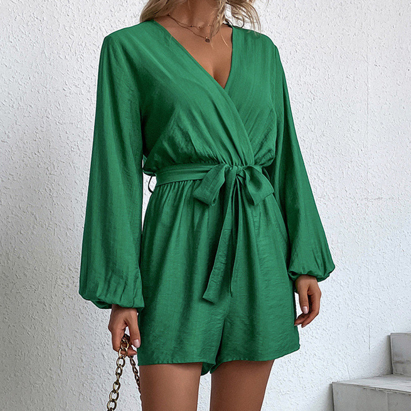 V-Neck Green Long Sleeve Bow Tie Waist Rompers