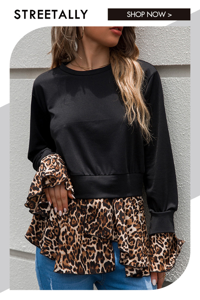 Round Neck Loose Black Patchwork Leopard Print Long Sleeve T-Shirts