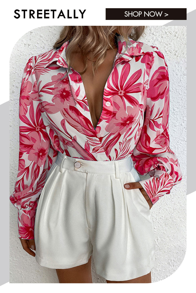 Lapel Single Breasted Print Long Sleeve Elegant Blouses & Shirts