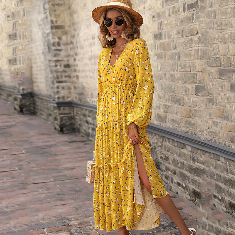 V-Neck Printed High Waist Long Sleeve Slit Maxi Dresses