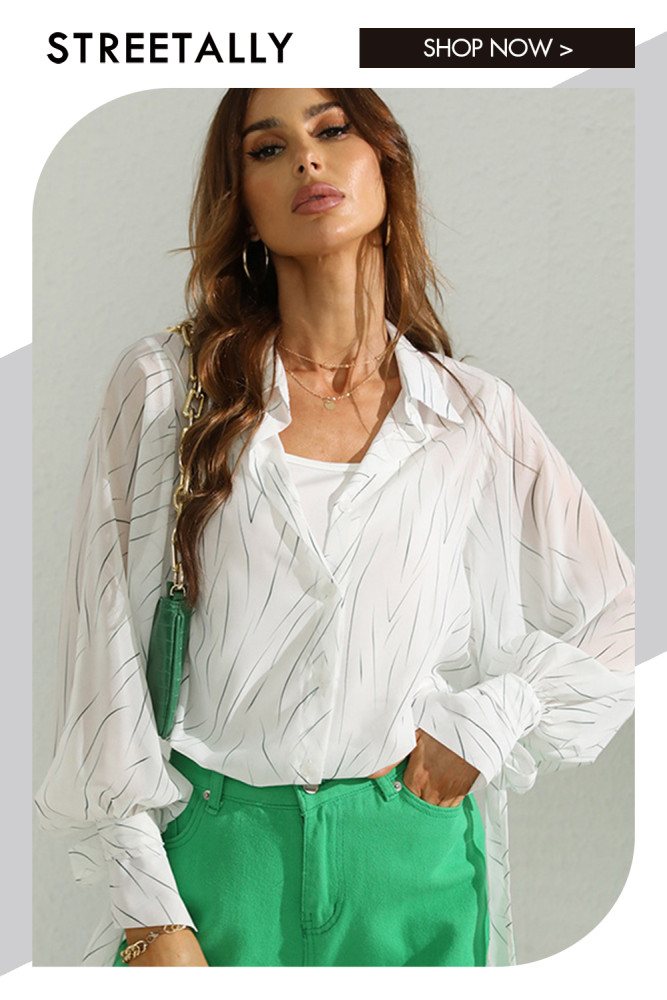 Lapel White Top Single Breasted Print Long Sleeve Blouses & Shirts