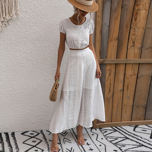 Short Sleeve Crewneck Top White Skirt Two-piece Outfits