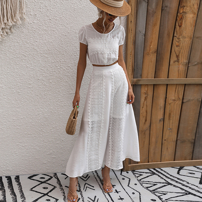 Short Sleeve Crewneck Top White Skirt Two-piece Outfits
