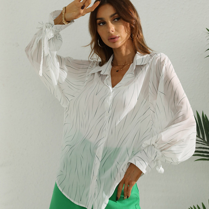 Lapel White Top Single Breasted Print Long Sleeve Blouses & Shirts