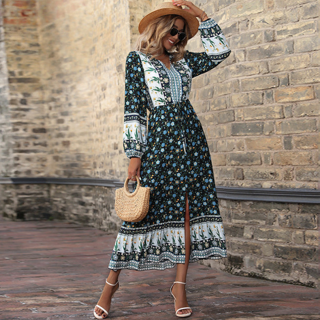 V-Neck Puff Sleeve Boho Print Long Sleeve Slit Midi Dresses