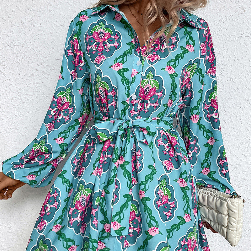 Lapel High Waist Bow Green Long Sleeve Belt Print Casual Dresses