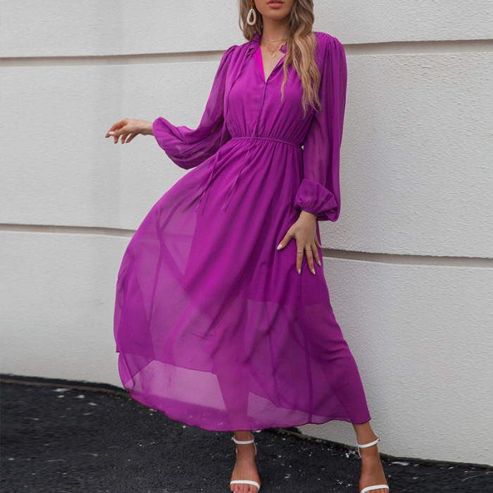 V-Neck Elegant High Waist Purple Strap Maxi Dresses