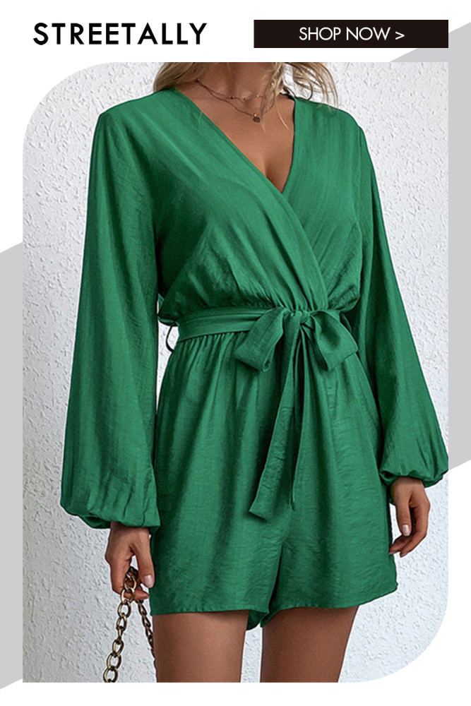 V-Neck Green Long Sleeve Bow Tie Waist Rompers