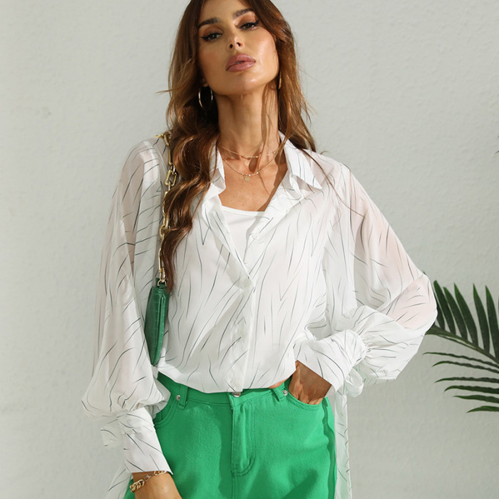 Lapel White Top Single Breasted Print Long Sleeve Blouses & Shirts