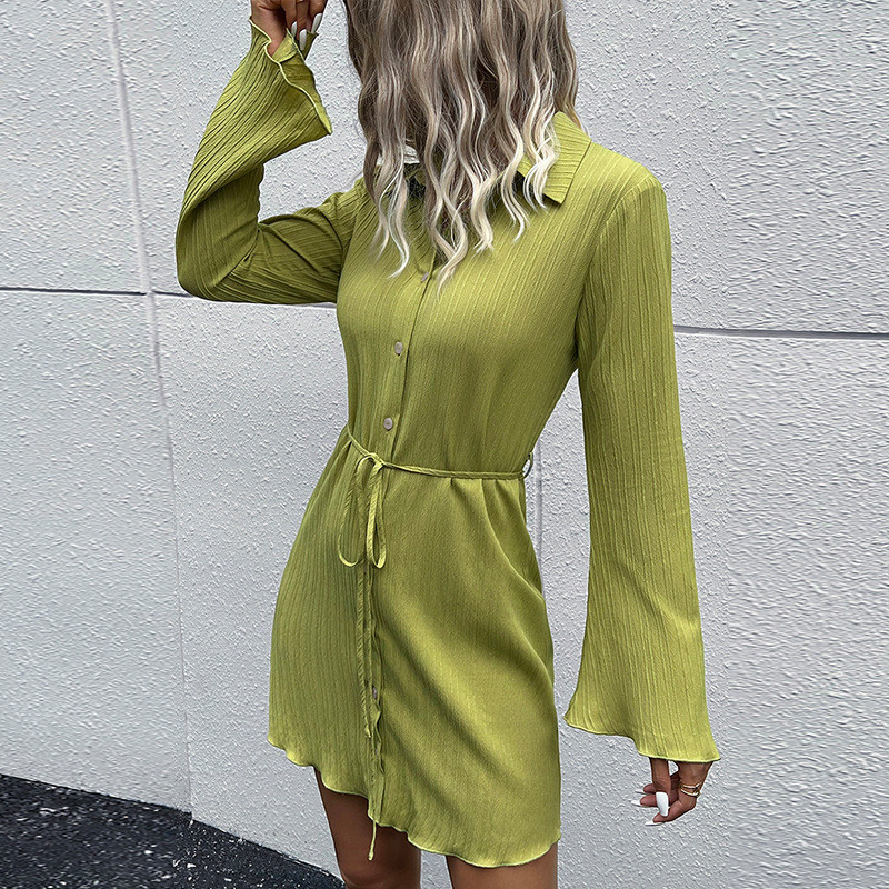 Solid Lapel Single-Breasted Lace-Up Flared Long Sleeve Mini Dresses