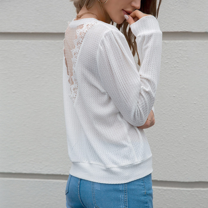 Round Neck Lace Stitching Open Back Solid Color Long-sleeved T-shirts