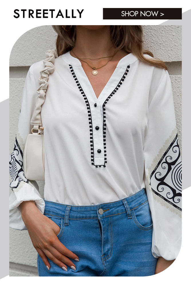 V-Neck Flared Sleeves Single Breasted Print Loose Blouses & Shirts