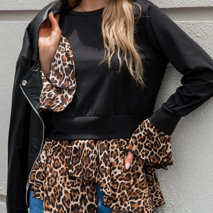 Round Neck Loose Black Patchwork Leopard Print Long Sleeve T-Shirts