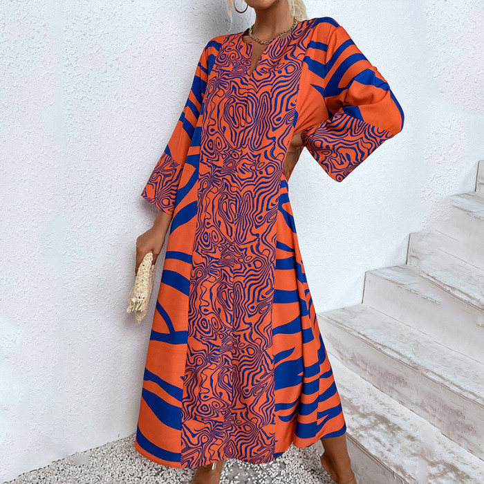 Colorblock V-Neck Casual Loose Print Resort Style Midi Dresses