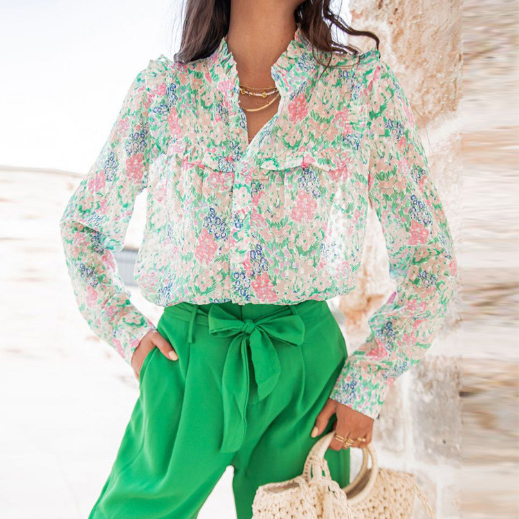Long Sleeve Chiffon Loose Floral Pattern Fashion Blouses & Shirts