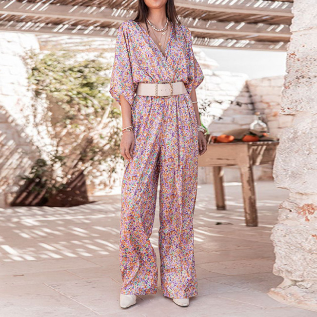 Elegant Printed V-Neck High Waist Straight Jumpsuits