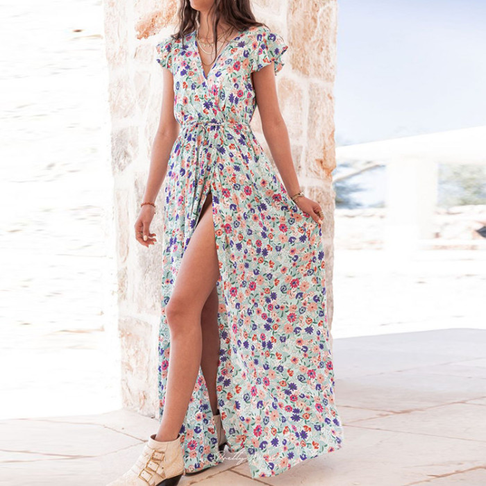 Sexy Vacation Swing Floral V-Neck High Waist Slit Maxi Dresses