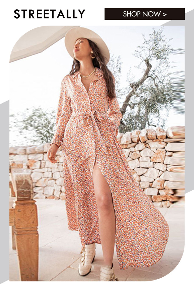 Printed Long Sleeve Lapel Ties Resort Elegance Maxi Dresses