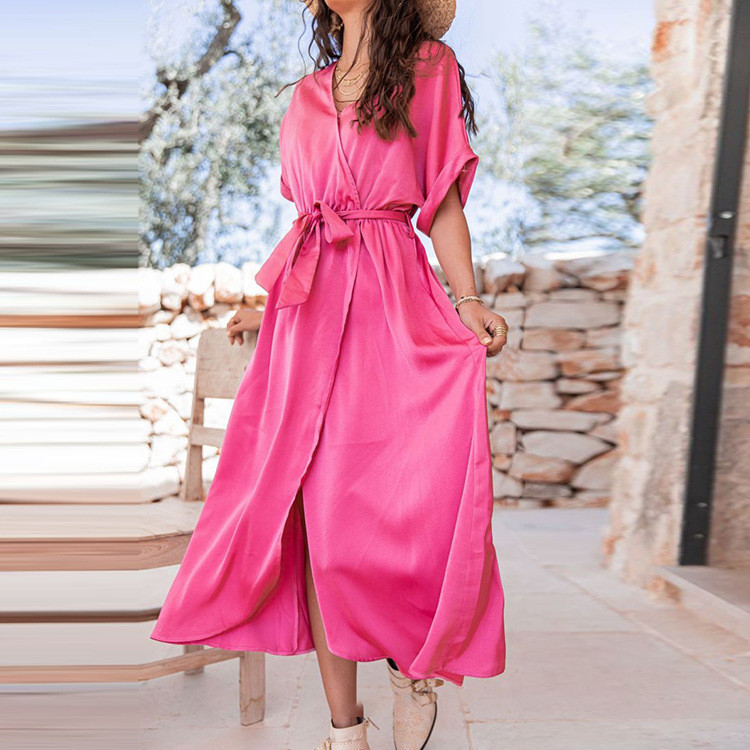 Resort Style V-Neck Tie Solid Color Elegant Maxi Dresses