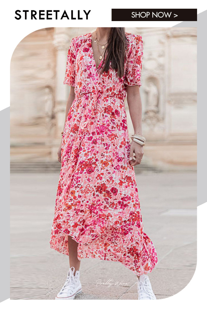 Irregular Print V-Neck High Waist Elegant Resort Style Maxi Dresses