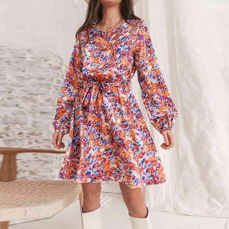 Floral Long Sleeve Crew Neck High Waist Strap Casual Dresses