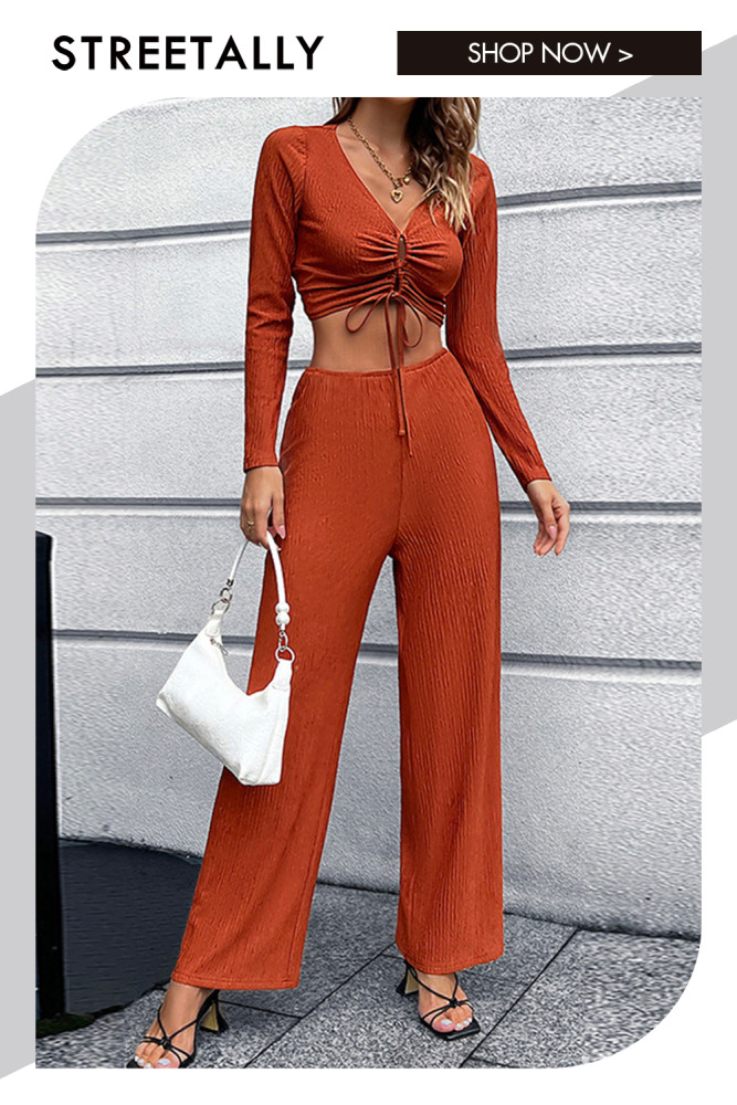Long Sleeve Bow V-Neck Solid Color Slim Sexy Two-piece Outfits
