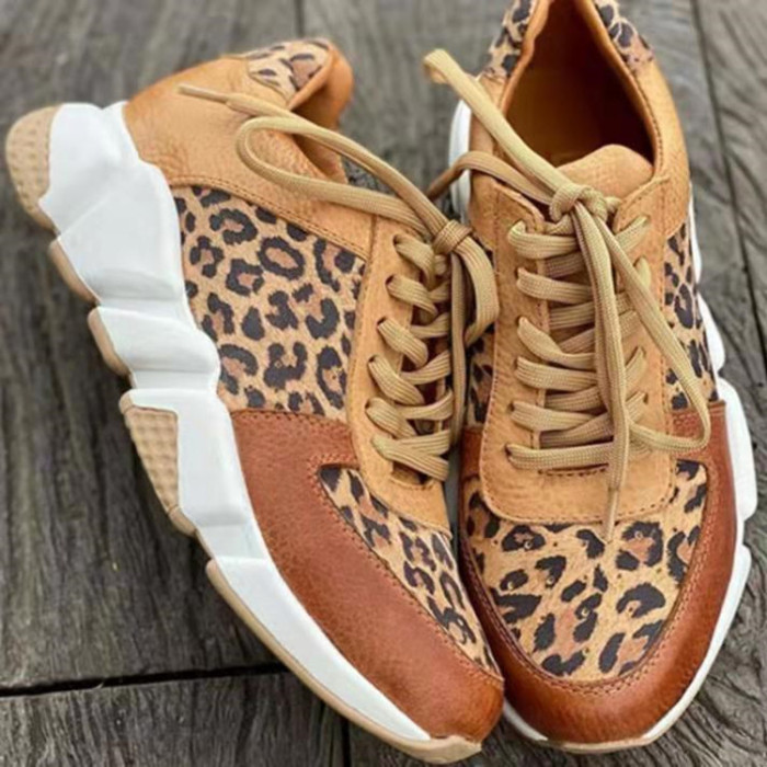 Platform Low Top Casual Round Toe Tie Colorblock Leopard Sneakers