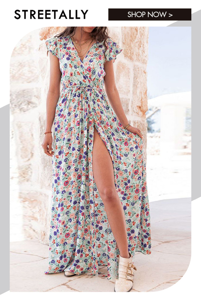 Sexy Vacation Swing Floral V-Neck High Waist Slit Maxi Dresses