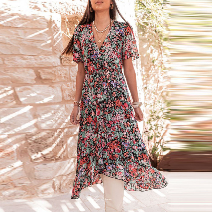 Irregular Print V-Neck High Waist Elegant Resort Style Maxi Dresses