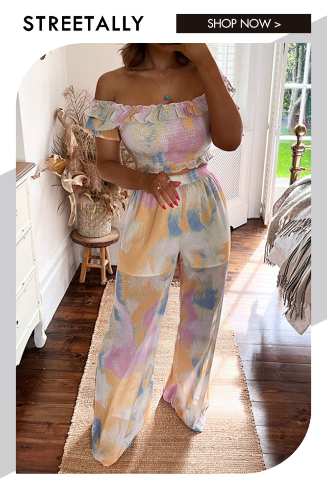 Printed Elegant Linen Top Loose Wide Leg Pants Two-piece Outfits