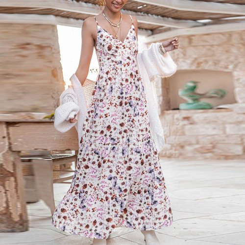 Printed Versatile Strap V-Neck High Waist Maxi Dresses