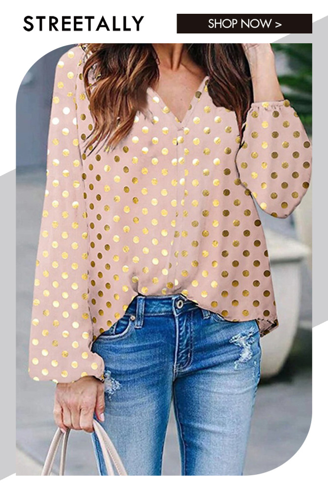 Polka Dot Loose V-Neck Chiffon Long Sleeve Blouses & Shirts