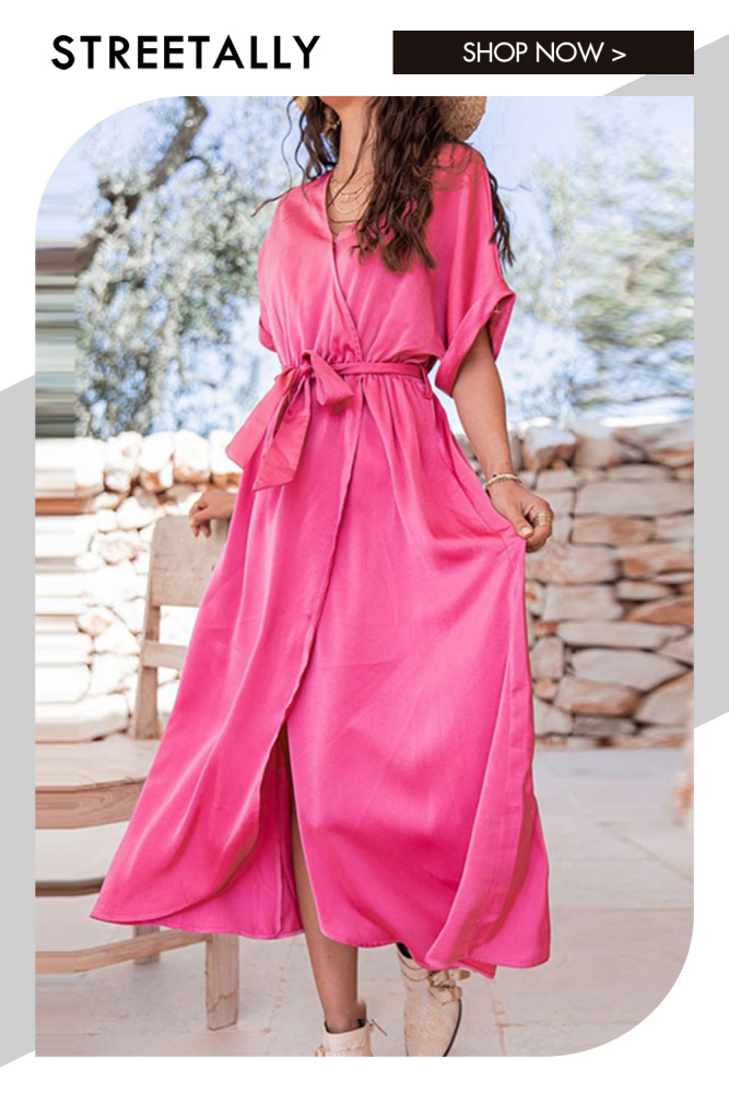 Resort Style V-Neck Tie Solid Color Elegant Maxi Dresses