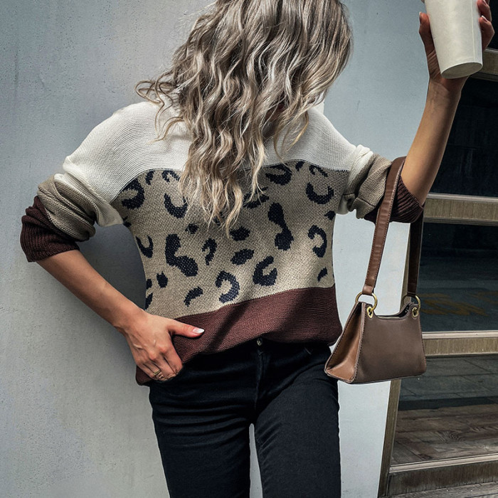 Casual Long Sleeve Crew Neck Loose Leopard Contrast Color Sweaters