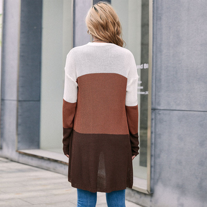 Fashion Loose Long Sleeve Colorblock Midi Sweater Cardigans