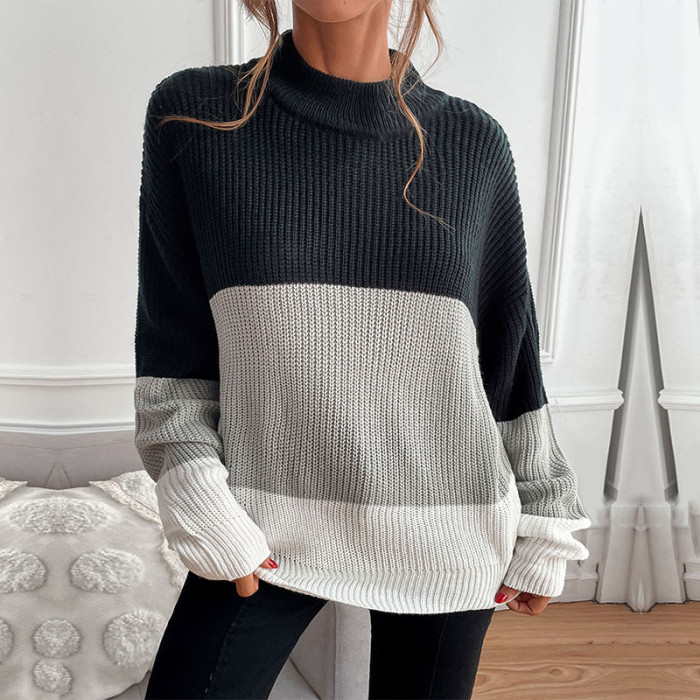 Contrast Long Sleeve Turtleneck Casual Loose Sweaters