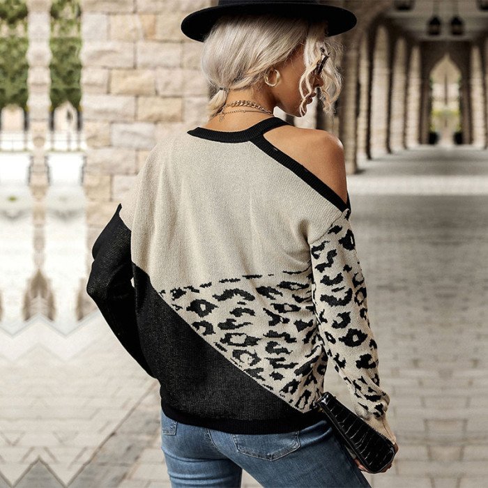 Casual Dropped Shoulder Fashion Long Sleeve Leopard Loose Sweaters