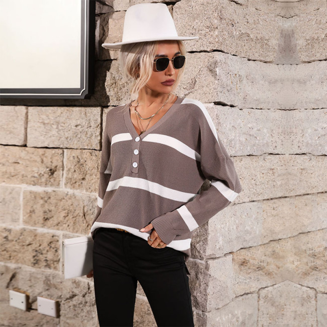 V-Neck Long Sleeve Striped Loose Elegant Casual Sweaters