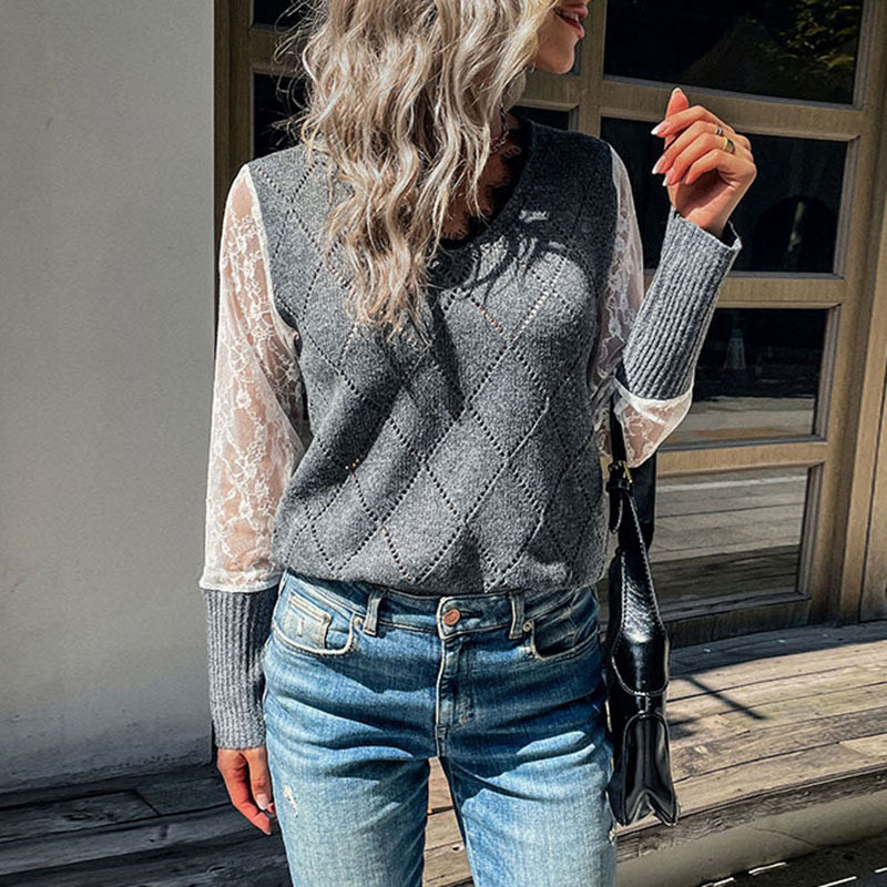 Long Sleeve Lace Panel V-Neck Loose Stylish Sweaters