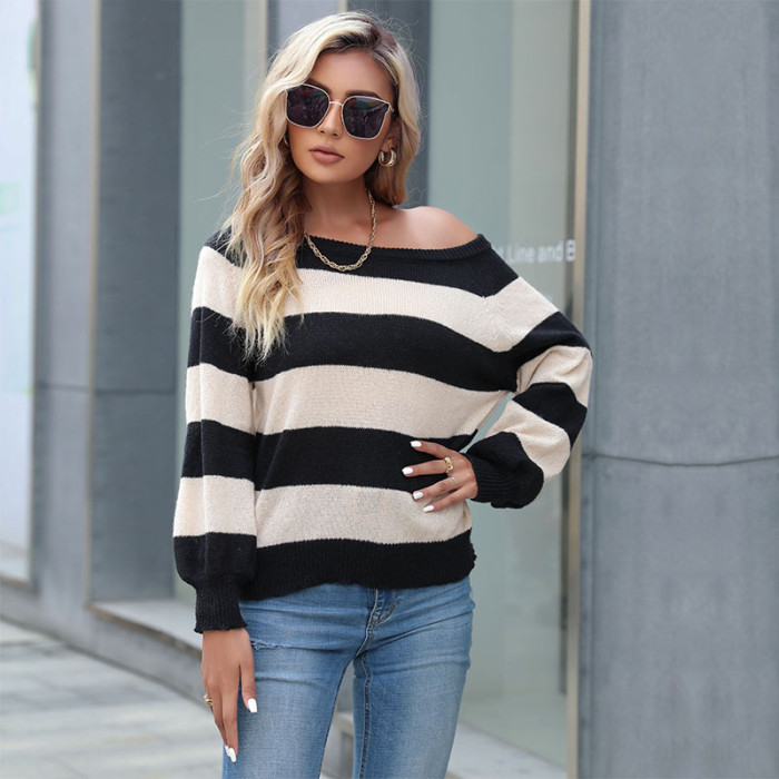Lazy Casual Crew Neck Long Sleeve Striped Sweaters