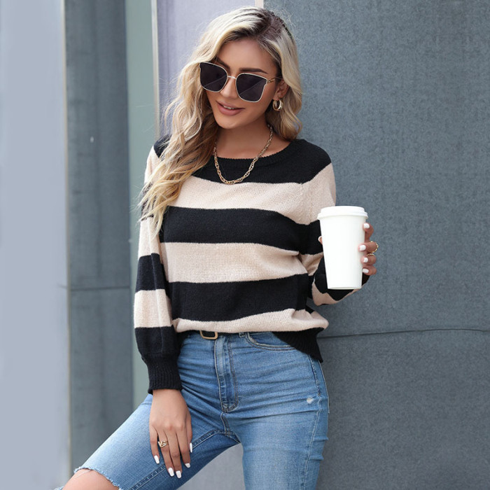 Lazy Casual Crew Neck Long Sleeve Striped Sweaters