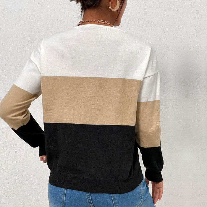 Loose Casual V-Neck Colorblock Long Sleeve Sweaters