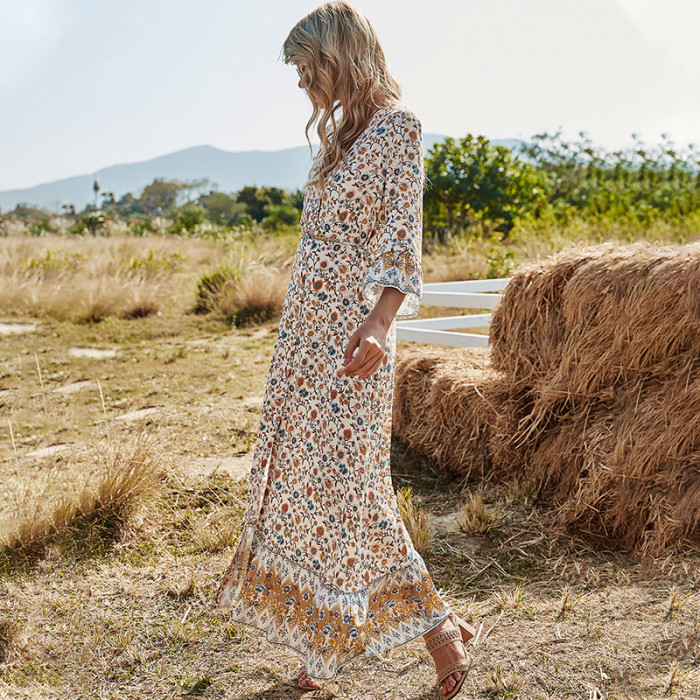 Boho Neck Waist V-Neck 3/4 Sleeves Slit Floral Maxi Dresses