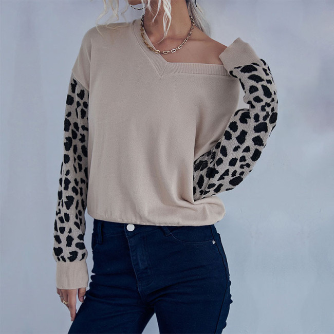 Casual Fashion Leopard Print Long Sleeve V-Neck Loose Sweaters